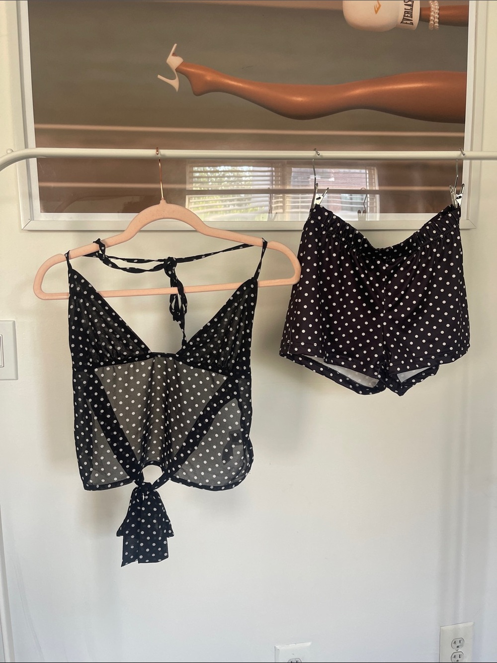 SHEIN Black Polka Dot Sheer Tie-Front Cami & Shorts Set